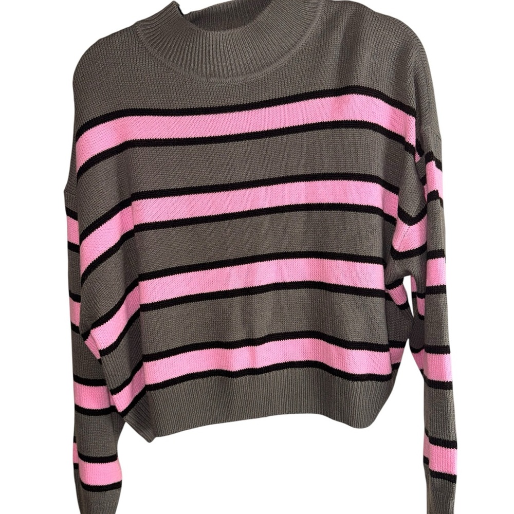 H&M Gray Crewneck Sweater with Pink and Black Stripes